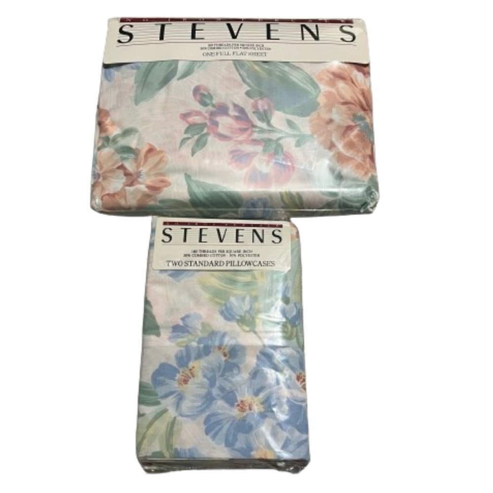 Vintage Stevens No Iron Percale 949 Multi Full Flat Sheet 2 Pillowcases